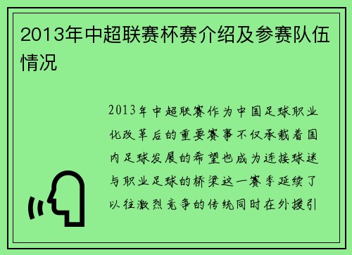 2013年中超联赛杯赛介绍及参赛队伍情况
